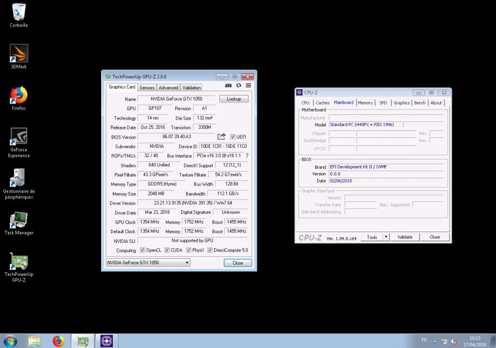 GPU-Z qui affiche les bonne valeurs et CPU-Z qui indique le BIOS OVMF