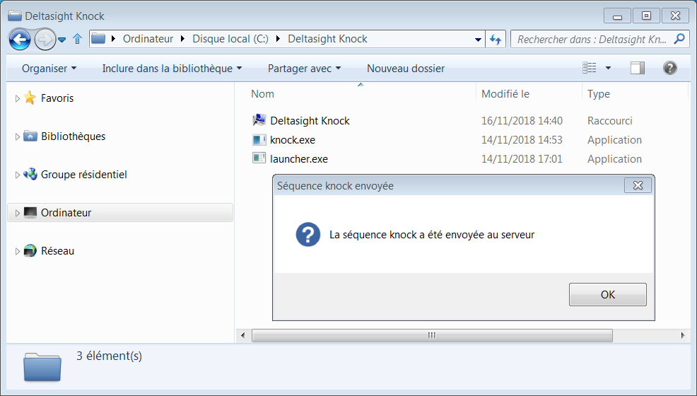 Client Knock Windows avec fenêtre de validation